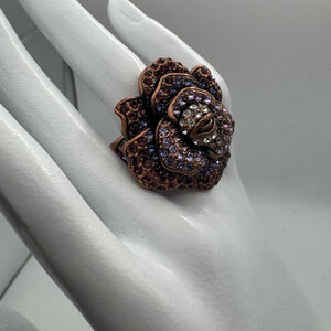 La Vintage Rose Flower Brass Multicolor Rhinestones Ring size 8